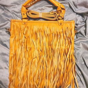 Mustard leather stripped MaoMaoBag purse
